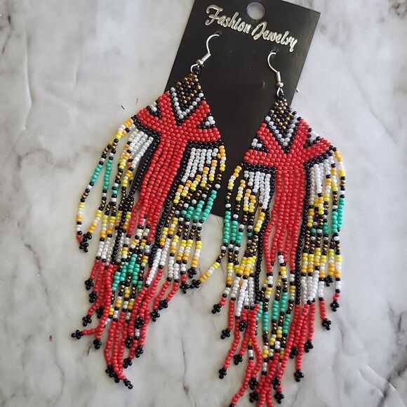 Handmade Native American-Style Beaded Tassel Fashion* Earrings Extra Long 1 pair - Picture 9 of 17